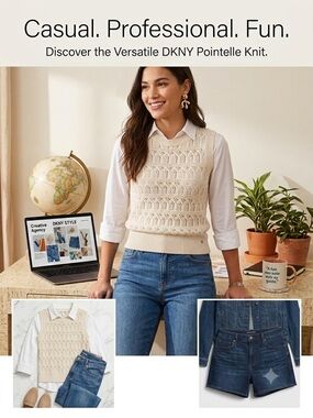 DKNY Cream Pointelle V-Neck Sweater Vest
